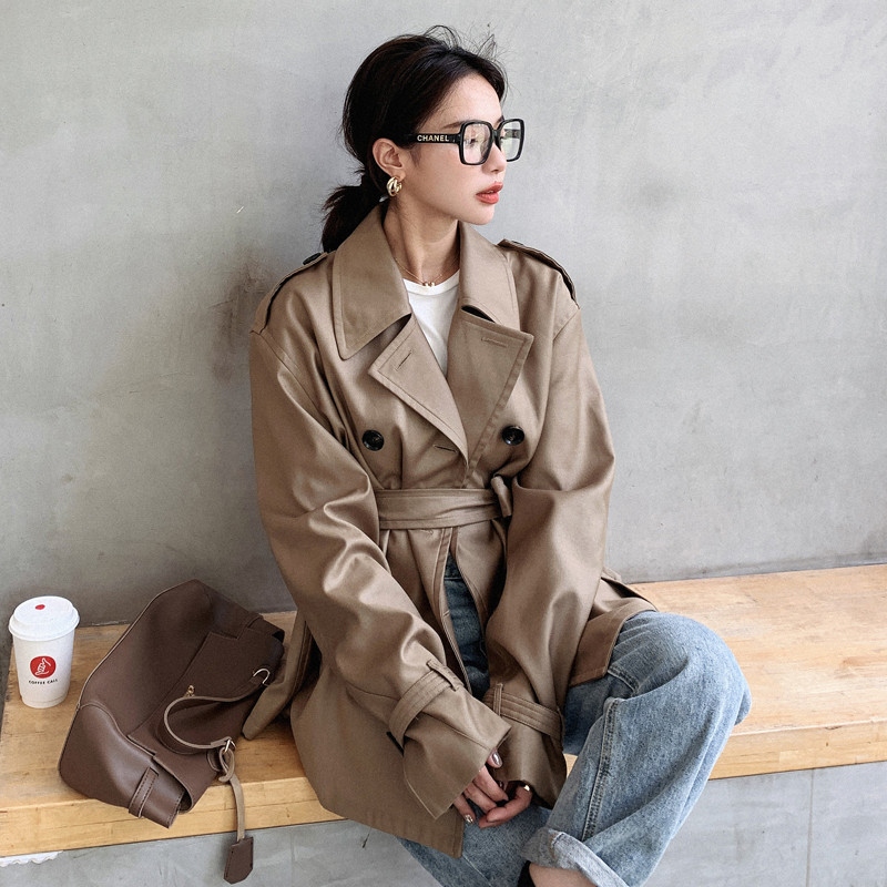 Classic Korean Style Lady Short Trench Coat for Women Double-Breasted Duster Coat Dark Khaki Female Outerwear Spring Autumn