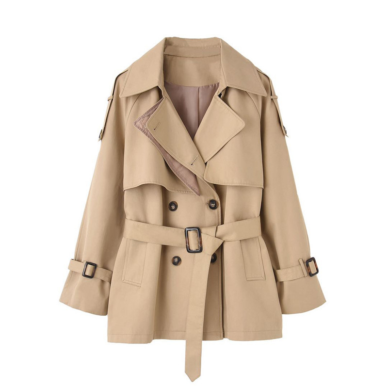 Classic Khaki Short Double-Breasted Trench Coat for Lady with Belts Flaps Women Windbreaker Spring Autumn Female Clothes