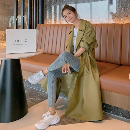 England Style Fashion Army Green Long Trench Coat Women Double-Breasted Belted Windbreaker Lady Duster Coat Spring Autumn