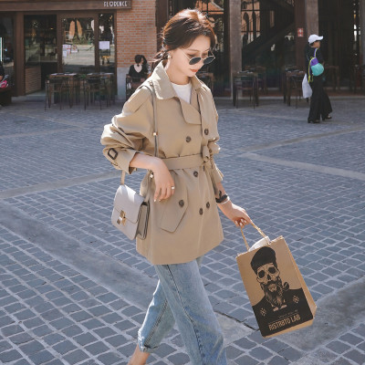 Fashion Elegant Women's Trench Coat Short Double-Breasted Belted with Flaps Office Lady Windbreaker Khaki Spring Autumn Casual