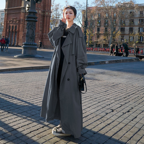 Korean Style Loose Oversized X-Long Women's Trench Coat Double-Breasted Belted Lady Cloak Windbreaker Spring Fall Outerwear Grey
