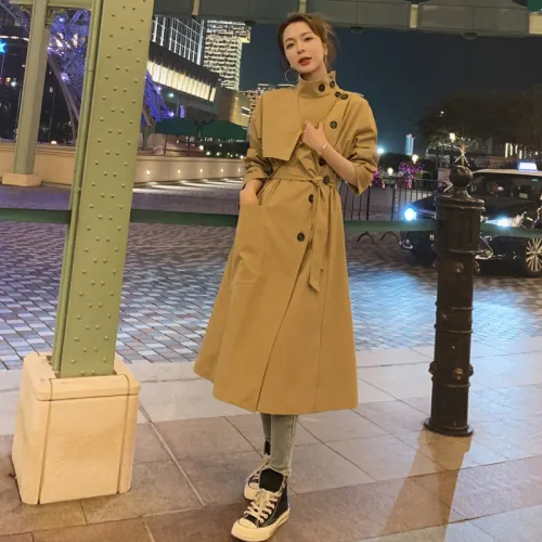 England Style Women's Windbreaker Trench Coat Long Single-Breasted Slim Belted with Flap Pocket Spring Autumn Cloak Outerwear