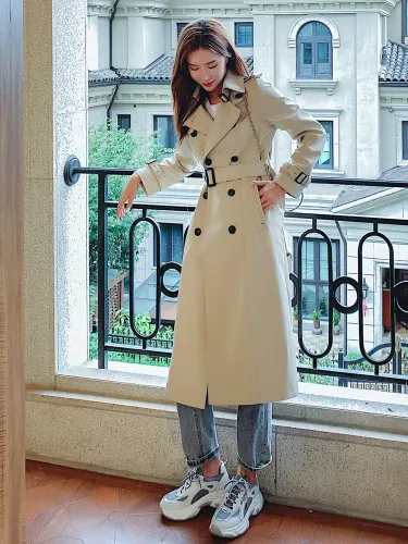 Fashion England Style Slim Lady Trench Coat Long Double-Breasted Women Duster Coat with Belt Khaki Windbreaker Spring Autumn