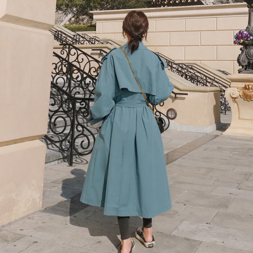Brand New Khaki Blue Women Trench Coat Long Double Breasted Belted with Storm Flaps Spring Autumn Windbreaker Outerwear Quality