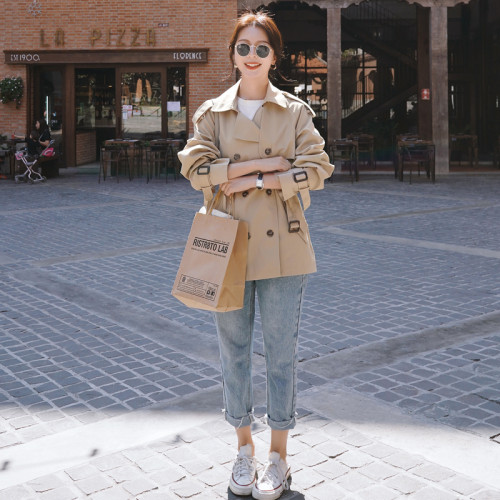 Fashion Elegant Women's Trench Coat Short Double-Breasted Belted with Flaps Office Lady Windbreaker Khaki Spring Autumn Casual