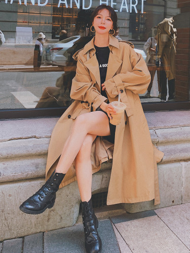 Khaki Windproof Trench Coat Women Long Double-Breasted Belted Oversize Duster Coat Cloak for Lady Outerwear Spring Autumn