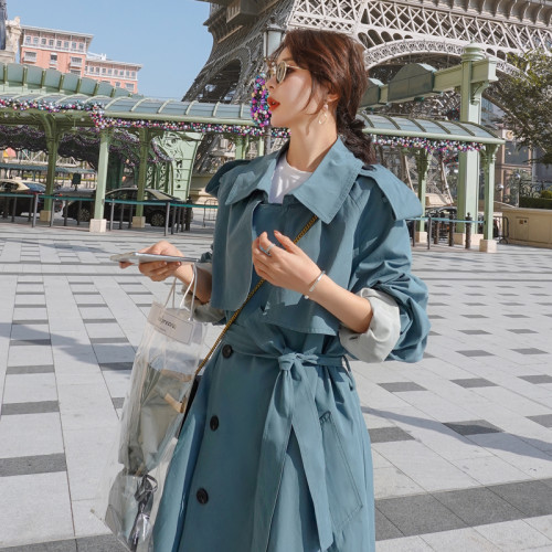 Brand New Khaki Blue Women Trench Coat Long Double Breasted Belted with Storm Flaps Spring Autumn Windbreaker Outerwear Quality
