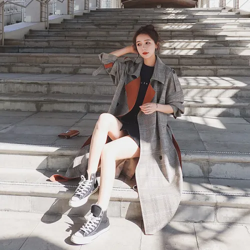 Quality Fashion Elegant Long Plaid Trench Coat Double Breasted with Belt Lady Duster Coat Cloak Spring Autumn Windbreaker