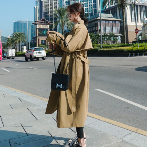 Brand New Classic Khaki Women's Trench Coat Long Double-Breasted Long with Belt Flaps Spring Fall Female Windbreaker Outerwear
