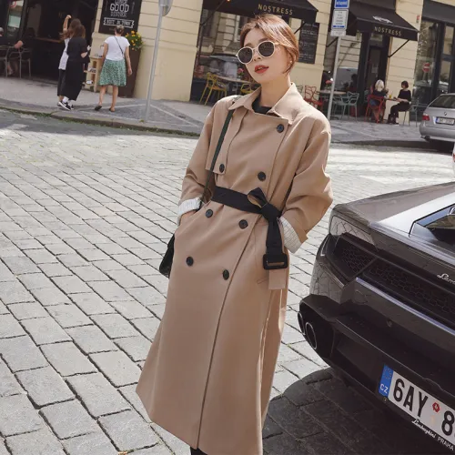 Spring Autumn Windbreaker Women Long Trench Coat Double-Breasted Belted with Flaps Slim Office Lady Outerwear Female Clothes