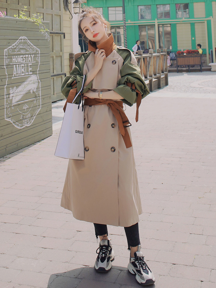 Brand New Fashion Women's Trench Coat Colorblock Long Double-Breasted with Belt Lady Windbreaker Spring Autumn Outerwear Clothes
