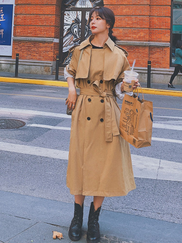 Khaki Windproof Trench Coat Women Long Double-Breasted Belted Oversize Duster Coat Cloak for Lady Outerwear Spring Autumn