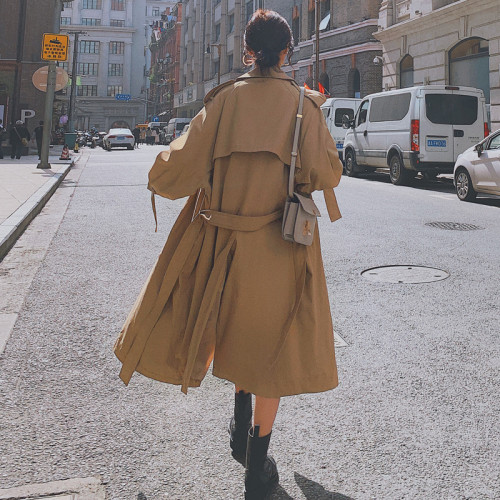 Khaki Windproof Trench Coat Women Long Double-Breasted Belted Oversize Duster Coat Cloak for Lady Outerwear Spring Autumn