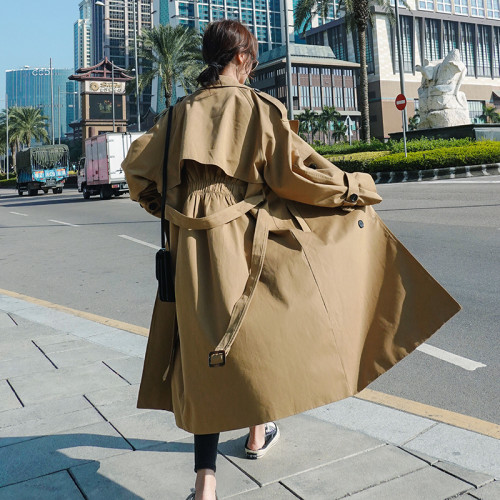 Brand New Classic Khaki Women's Trench Coat Long Double-Breasted Long with Belt Flaps Spring Fall Female Windbreaker Outerwear