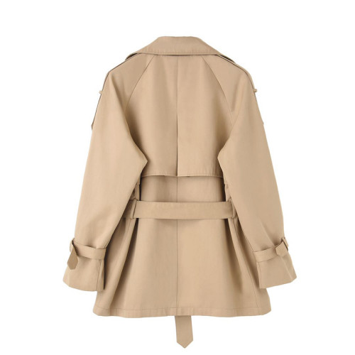 Classic Khaki Short Double-Breasted Trench Coat for Lady with Belts Flaps Women Windbreaker Spring Autumn Female Clothes