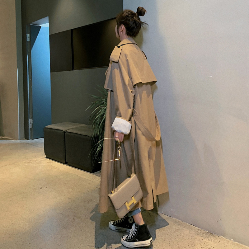 Fashion Pink Khaki Women Trench Coat Double-Breasted Long Belted Windbreaker with Flaps Spring Autumn Cloak Outerwear