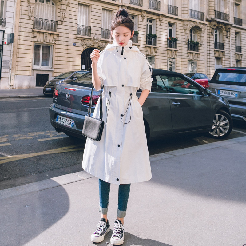 Fashion Womens Trench Coats Hooded Long Adjustable Waist Spring Autumn Windproof Lady Female Casual Clothes Red White Green