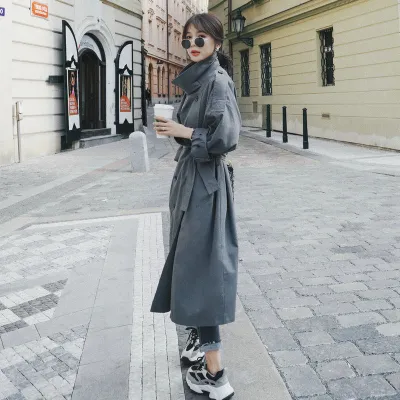 2020 Brand New Fashion Grey Women Trench Coat Office Lady Duster Coat Spring Autumn Cloak