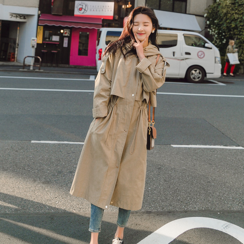 Women Windbreaker Long Hooded Adjustable Waist Khaki Trench Coat with Flaps Lady Cloak Duster Coat Female Outerwear Spring Fall