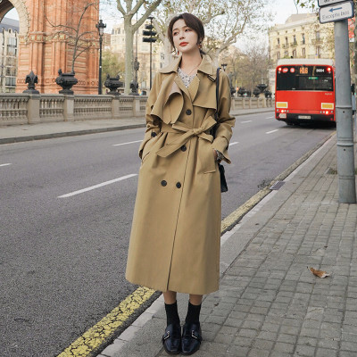 Spring Autumn Double Breasted Women Trench Coat Long Below-Knee Belted Duster Coat  Khaki Outerwear for Ladies Windbreaker