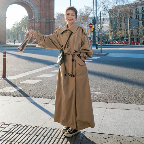Korean Style Loose Oversized X-Long Women's Trench Coat Double-Breasted Belted Lady Cloak Windbreaker Spring Fall Outerwear Grey