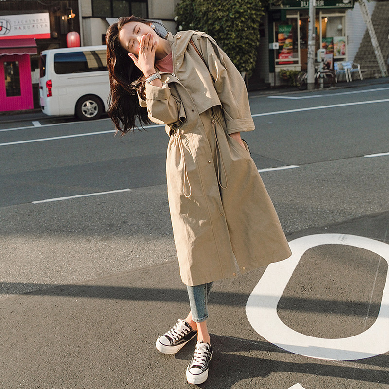 Women Windbreaker Long Hooded Adjustable Waist Khaki Trench Coat with Flaps Lady Cloak Duster Coat Female Outerwear Spring Fall