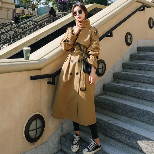 Brand New Classic Khaki Women's Trench Coat Long Double-Breasted Long with Belt Flaps Spring Fall Female Windbreaker Outerwear