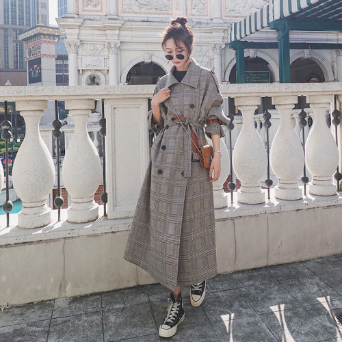 Quality Fashion Elegant Long Plaid Trench Coat Double Breasted with Belt Lady Duster Coat Cloak Spring Autumn Windbreaker