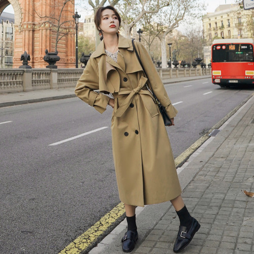 Spring Autumn Double Breasted Women Trench Coat Long Below-Knee Belted Duster Coat  Khaki Outerwear for Ladies Windbreaker