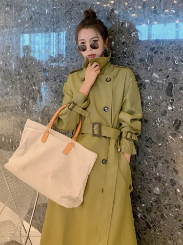 England Style Fashion Army Green Long Trench Coat Women Double-Breasted Belted Windbreaker Lady Duster Coat Spring Autumn