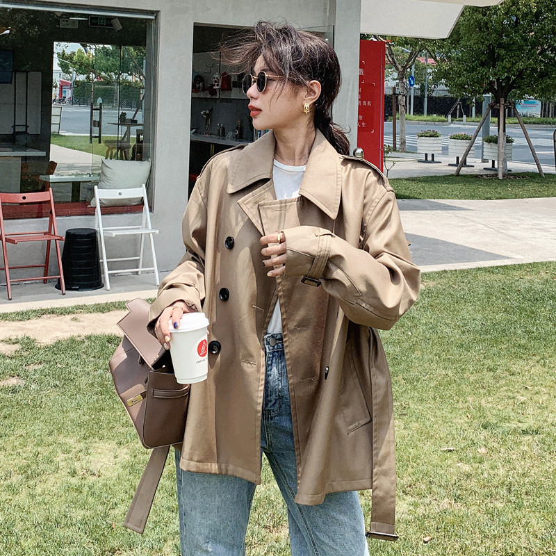 Classic Korean Style Lady Short Trench Coat for Women Double-Breasted Duster Coat Dark Khaki Female Outerwear Spring Autumn