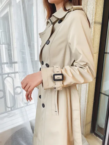 Fashion England Style Slim Lady Trench Coat Long Double-Breasted Women Duster Coat with Belt Khaki Windbreaker Spring Autumn
