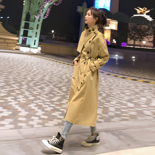 England Style Women's Windbreaker Trench Coat Long Single-Breasted Slim Belted with Flap Pocket Spring Autumn Cloak Outerwear