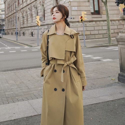 Spring Autumn Double Breasted Women Trench Coat Long Below-Knee Belted Duster Coat  Khaki Outerwear for Ladies Windbreaker