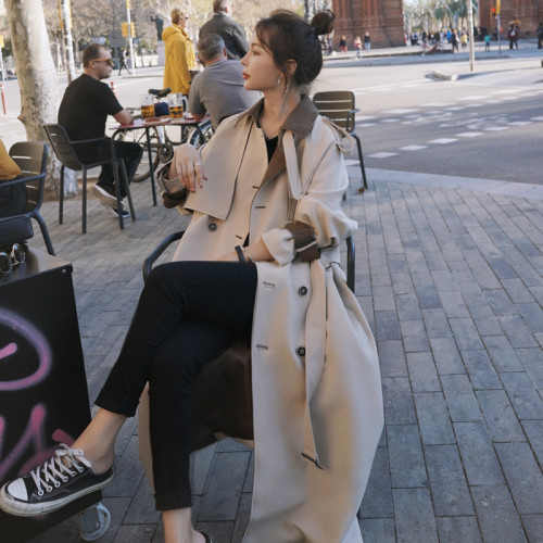 Fashion New Women Trench Coat Double-Breasted Long Patchwork with Belt Storm Flaps Spring Autumn Ladies Outerwear Clothes Coat