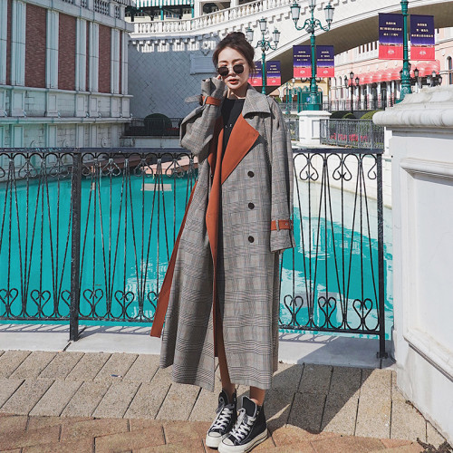 Quality Fashion Elegant Long Plaid Trench Coat Double Breasted with Belt Lady Duster Coat Cloak Spring Autumn Windbreaker