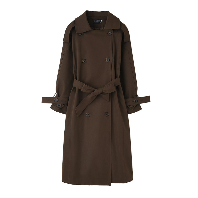 Fashion New Solid Coffee Color Women Trench Coat Long Double-Breasted Belted Oversized Loose Windbreaker Spring Autumn Outerwear