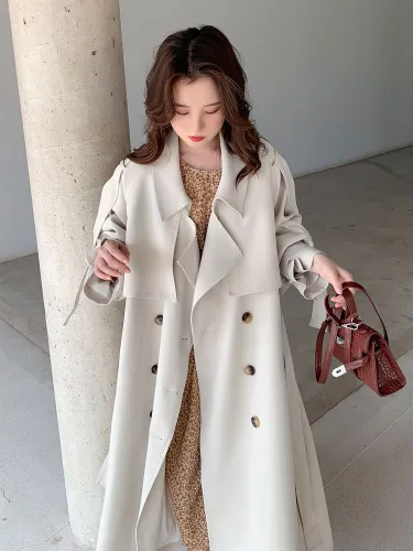 Brand New Beige Long Double-Breasted Trench Coat for Women Lady Duster Coat Female Cloak Spring Autumn Outerwear Clothes Quality