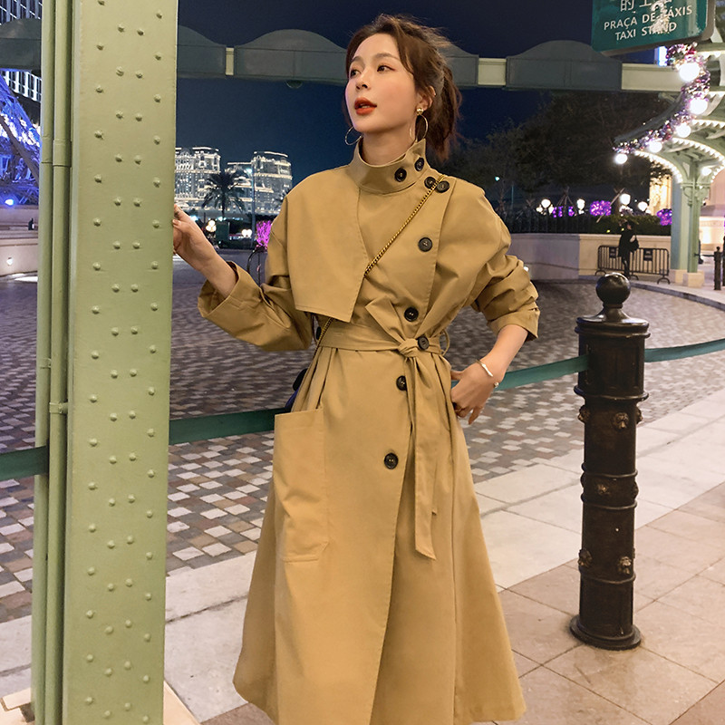 England Style Women's Windbreaker Trench Coat Long Single-Breasted Slim Belted with Flap Pocket Spring Autumn Cloak Outerwear