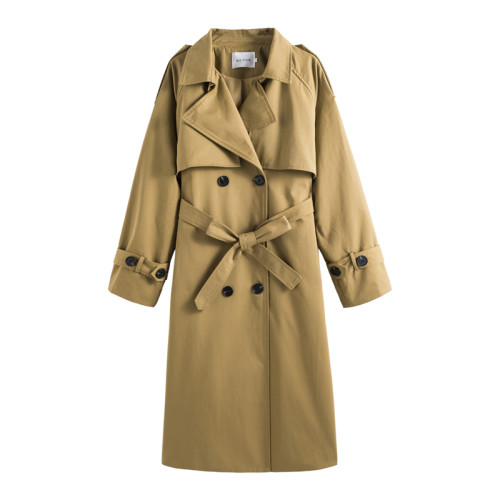 Brand New Classic Khaki Women's Trench Coat Long Double-Breasted Long with Belt Flaps Spring Fall Female Windbreaker Outerwear