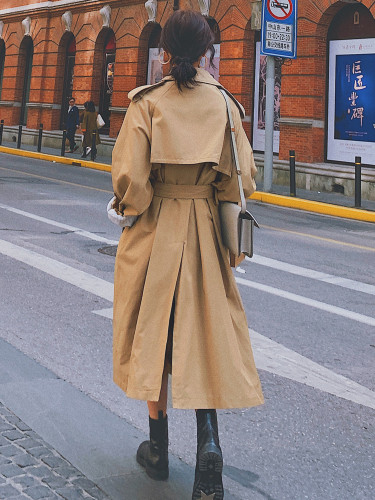 Khaki Windproof Trench Coat Women Long Double-Breasted Belted Oversize Duster Coat Cloak for Lady Outerwear Spring Autumn