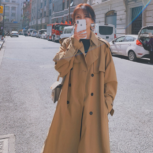Khaki Windproof Trench Coat Women Long Double-Breasted Belted Oversize Duster Coat Cloak for Lady Outerwear Spring Autumn
