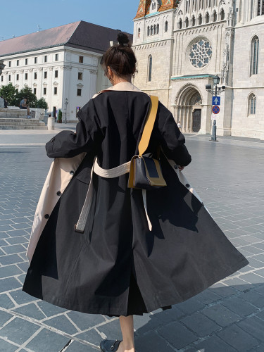 Women Trench Long Coat Double Breasted Black-Khaki Windcheater Cloak with Belt Turn-down Collar Ladies Outerwear Fashion 2020