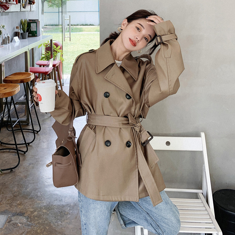 Classic Korean Style Lady Short Trench Coat for Women Double-Breasted Duster Coat Dark Khaki Female Outerwear Spring Autumn
