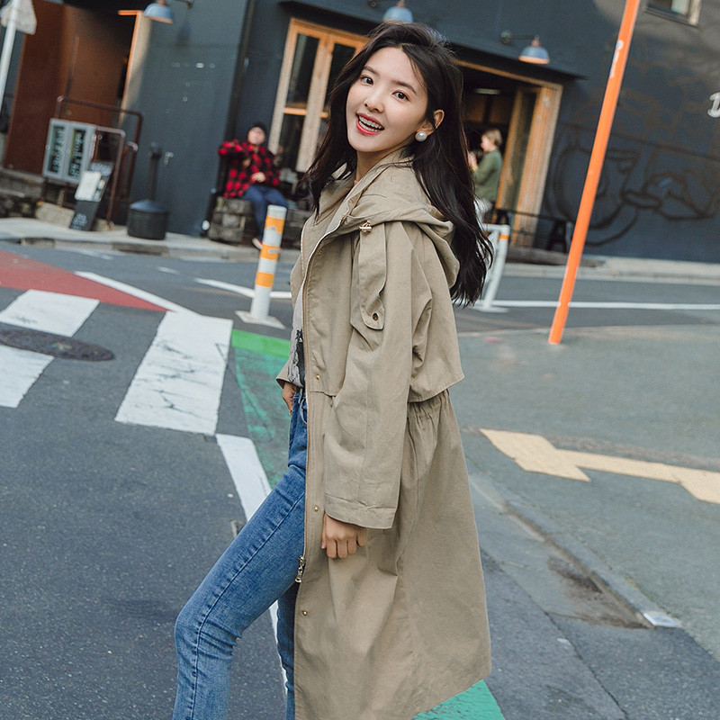 Women Windbreaker Long Hooded Adjustable Waist Khaki Trench Coat with Flaps Lady Cloak Duster Coat Female Outerwear Spring Fall