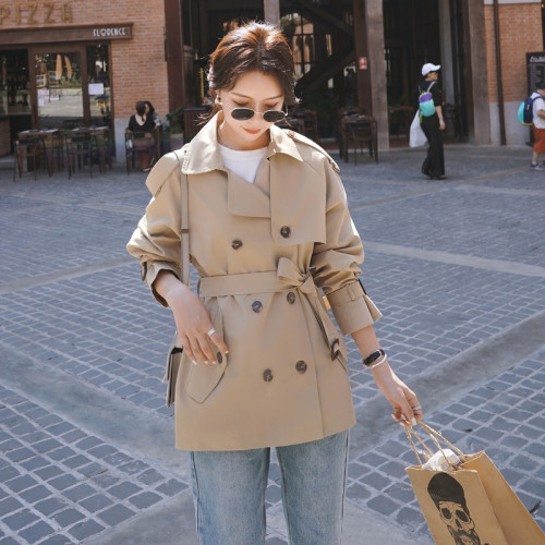 Fashion Elegant Women's Trench Coat Short Double-Breasted Belted with Flaps Office Lady Windbreaker Khaki Spring Autumn Casual