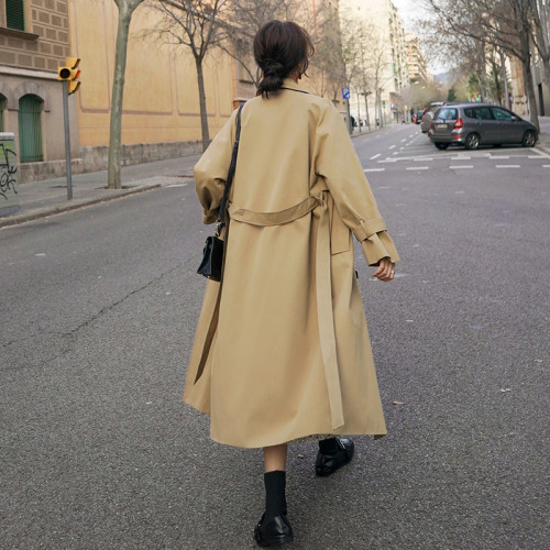 Spring Autumn Double Breasted Women Trench Coat Long Below-Knee Belted Duster Coat  Khaki Outerwear for Ladies Windbreaker