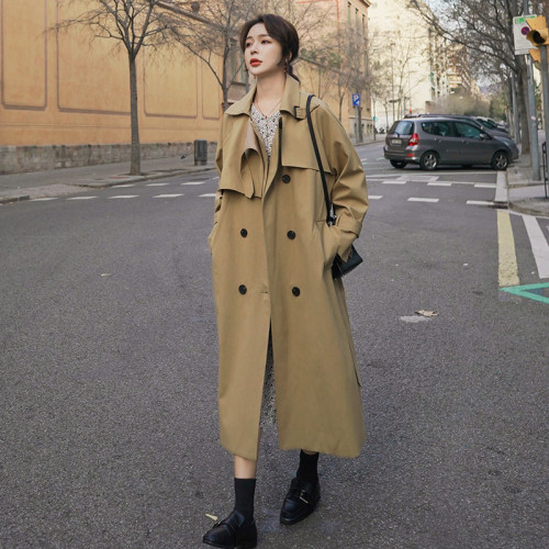 Spring Autumn Double Breasted Women Trench Coat Long Below-Knee Belted Duster Coat  Khaki Outerwear for Ladies Windbreaker