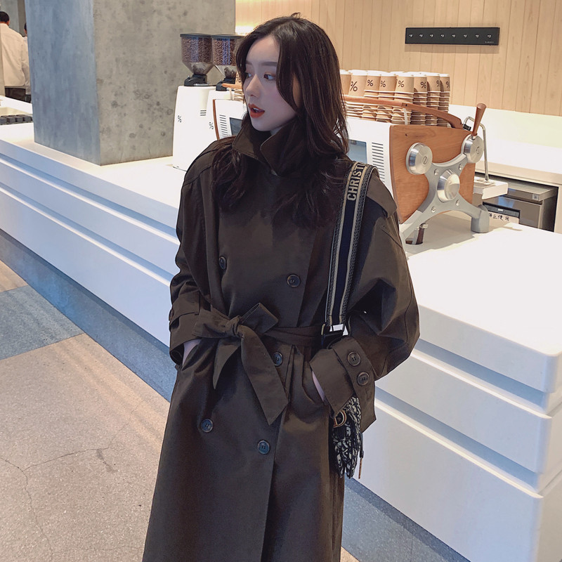 Fashion New Solid Coffee Color Women Trench Coat Long Double-Breasted Belted Oversized Loose Windbreaker Spring Autumn Outerwear