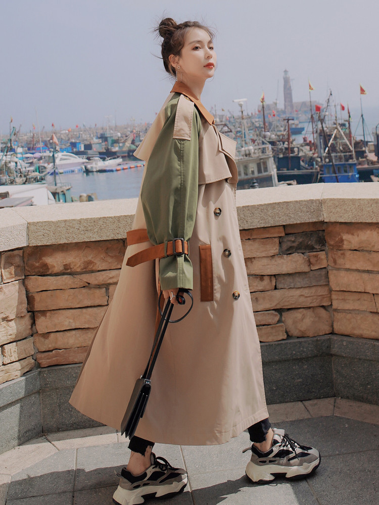 Brand New Fashion Women's Trench Coat Colorblock Long Double-Breasted with Belt Lady Windbreaker Spring Autumn Outerwear Clothes